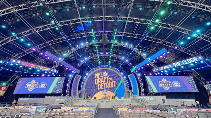 The main stage as work goes on at the NFL Draft Theater near Campus Martius in Detroit on Tuesday,