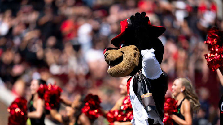Cincinnati Bearcats mascot performs with the dance team in the second quarter of the College Football game between the Cincinnati Bearcats and the Houston Cougars at Nippert Stadium in Cincinnati on Saturday, Sept. 21, 2024.