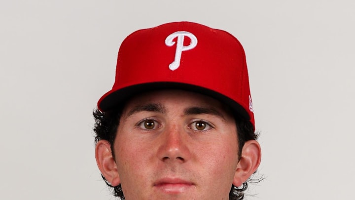 Philadelphia Phillies pitcher Andrew Painter (76) during photo day at BayCare Ballpark in 2023.