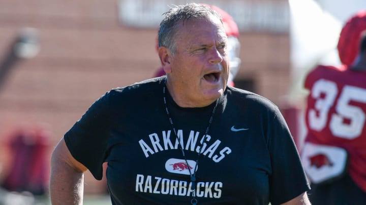 Arkansas Razorbacks coach Sam Pittman prepares team during fall practice prior to the 2023 season. CREDIT: Andy Hodges-allHOGS