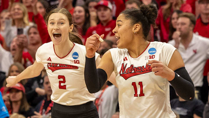 Bergen Reilly and Teraya Sigler celebrate as Nebraska beats Texas A&M in the fourth set of the NCAA Tournament Regional Final, 37-35. Bergen Reilly and Teraya Sigler celebrate as Nebraska beats Texas A&M in the fourth set of the NCAA Tournament Regional Final, 37-35.