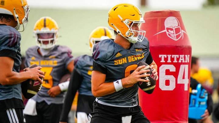 Arizona State quarterback Cutter Boley (8) runs passing drills during a football practice in Tempe on Aug. 5, 2026. Arizona State quarterback Cutter Boley (8) runs passing drills during a football practice in Tempe on Aug. 5, 2026.