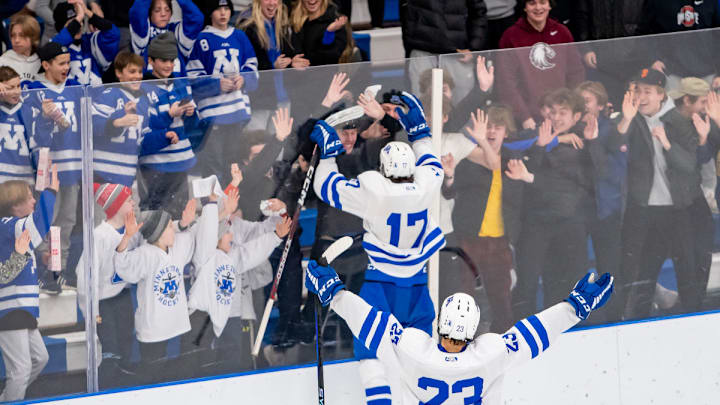 Minnetonka boys hockey celebrates a goal in 2023