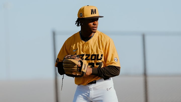 Mizzou reliever PJ Green pitches from the mound. He had an appearance in game 2 of the doubleheader against the Arkansas Razorbacks on April 6, 2025