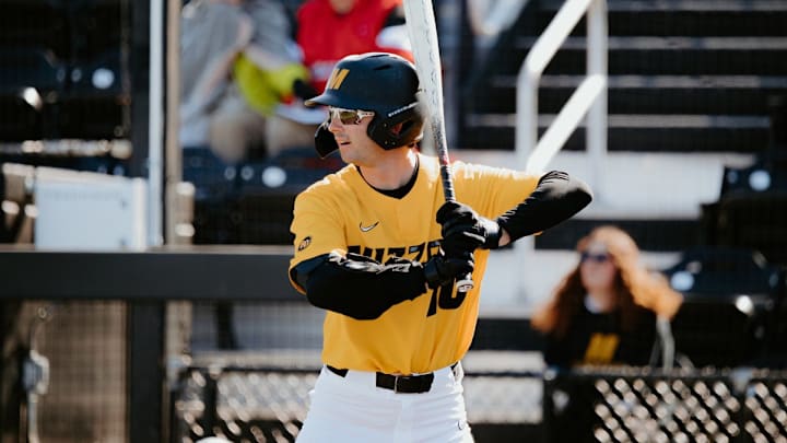 Missouri designated hitter Gehrig Goldbeck stands in the box against Oklahoma. 