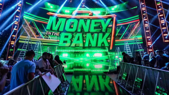 The WWE Money in the Bank stage during the event in a packed arena. The WWE Money in the Bank stage during the event in a packed arena.