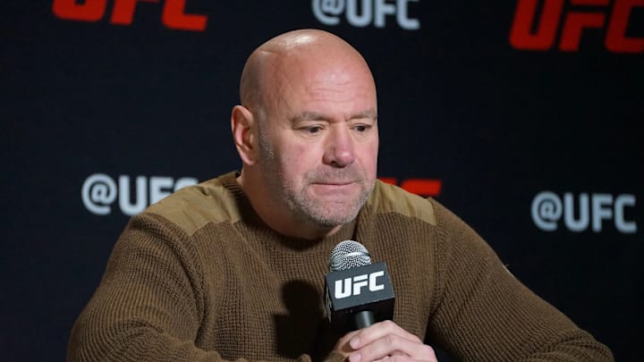 UFC CEO Dana White takes questions from the media during a press conference.