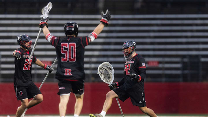 April 5th, 2025, SHI Stadium, Piscataway, NJ: Rutgers goalie Cardin Stoller celebrates with teammates in a lacrosse match versus Maryland. April 5th, 2025, SHI Stadium, Piscataway, NJ: Rutgers goalie Cardin Stoller celebrates with teammates in a lacrosse match versus Maryland.
