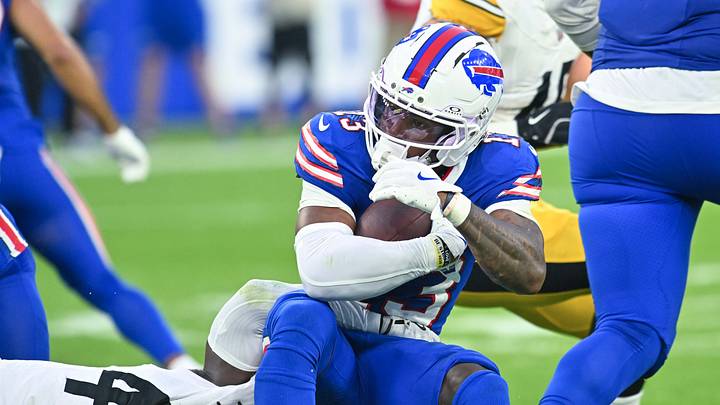 Aug 27, 2026; Orchard Park, New York, USA; Buffalo Bills wide receiver Skyler Bell (13) is tackled by Pittsburgh Steelers defensive back Devan Boykin (40) after making a catch in the second quarter preseason game at New Highmark Stadium. Aug 27, 2026; Orchard Park, New York, USA; Buffalo Bills wide receiver Skyler Bell (13) is tackled by Pittsburgh Steelers defensive back Devan Boykin (40) after making a catch in the second quarter preseason game at New Highmark Stadium.