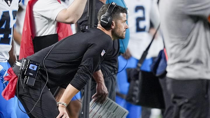 Aug 21, 2025; Charlotte, North Carolina, USA; Carolina Panthers head coach Dave Canales on the sideline during the second half against the Pittsburgh Steelers at Bank of America Stadium. 