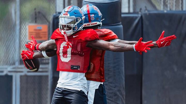 Ole Miss wide receivers Johntay Cook II and Deuce Alexander celebrate a touchdown during a fall camp practice (2026). Ole Miss wide receivers Johntay Cook II and Deuce Alexander celebrate a touchdown during a fall camp practice (2026).