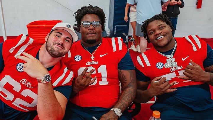 Ole Miss offensive linemen Brycen Sanders (left), Tommy Kinsler IV (middle), Carius Curne (right) at Meet the Rebels during April (2026). Ole Miss offensive linemen Brycen Sanders (left), Tommy Kinsler IV (middle), Carius Curne (right) at Meet the Rebels during April (2026).