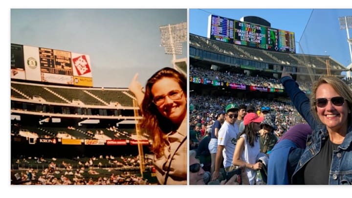 Kelly Gelof at the Coliseum in 1996 and 2021. 