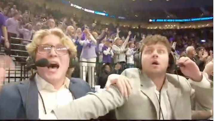 High Point student radio broadcasters Jimmy Rosselli and Griffin Wright rose to the occasion during their team’s upset win over Wisconsin. 