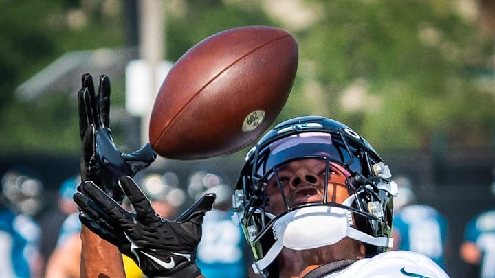 Jacksonville Jaguars cornerback Caleb Ransaw (27) hauls in a pass while running routes during the seventh organized team activity at the Miller Electric Center in Jacksonville, Fla. Monday, June 2, 2025. [Doug Engle/Florida Times-Union]