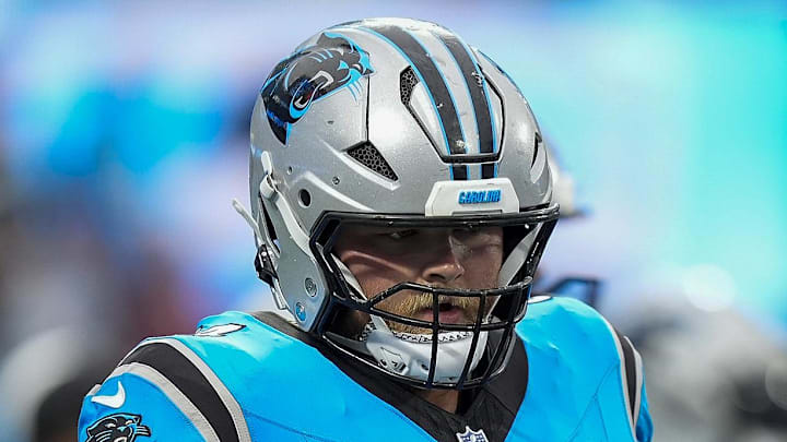 Aug 2, 2025; Charlottle, NC, USA;  Carolina Panthers center Cade Mays (64) during Fanfest at Bank of America Stadium. Mandatory Credit: Jim Dedmon-Imagn Images