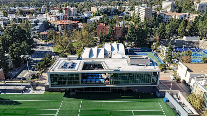 Dec 9, 2025; Los Angeles, CA, USA; An aerial view of the UCLA Bruins football practice facility at the Wasserman Football Center. Mandatory Credit: Kirby Lee-Imagn Images