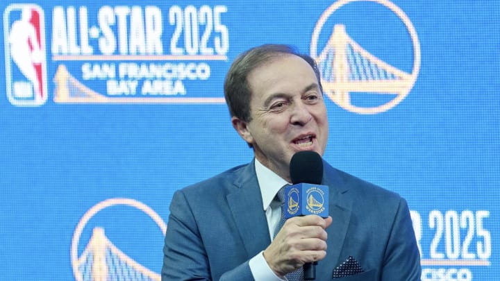 Nov 6, 2023; San Francisco, CA, USA; Golden State Warriors co-executive chairman and CEO Joe Lacob speaks during a press conference to announce the Golden State Warriors and San Francisco Bay Area selection to host the 2025 NBA All-Star Game at Chase Center.