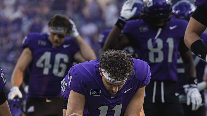 TCU offensive linemen Jacob Ahumada (64), Jaheim Buchanon (59) and Gannon Gaubert (69) prepare to take the field against Arkansas State. | TCU offensive linemen Jacob Ahumada (64), Jaheim Buchanon (59) and Gannon Gaubert (69) prepare to take the field against Arkansas State. |