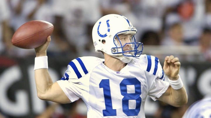 10-5-2003 Indianapolis Colts quarterback Peyton Manning returned to save the day as the Colts won 38-35 in Monday night's game against the Tampa Bay Buccaneers in Tampa Bay. 10-5-2003 Indianapolis Colts quarterback Peyton Manning returned to save the day as the Colts won 38-35 in Monday night's game against the Tampa Bay Buccaneers in Tampa Bay.
