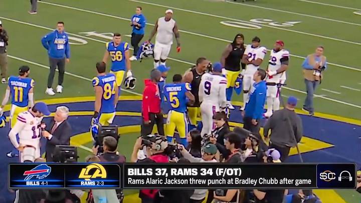 Rams left tackle Alaric Jackson punched Bills outside linebacker Bradley Chubb moments after Monday night’s game. | @ESPN Rams left tackle Alaric Jackson punched Bills outside linebacker Bradley Chubb moments after Monday night’s game. | @ESPN