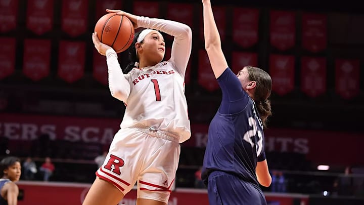 Rutgers standout Destiny Adams takes a shot against Penn State during a 2024 game in Piscataway, N.J.