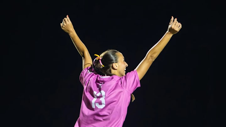 Alabama's Melina Rebimbas celebrates after scoring to tie the 2025 Iron Bowl of Soccer at 3-3. Alabama's Melina Rebimbas celebrates after scoring to tie the 2025 Iron Bowl of Soccer at 3-3.