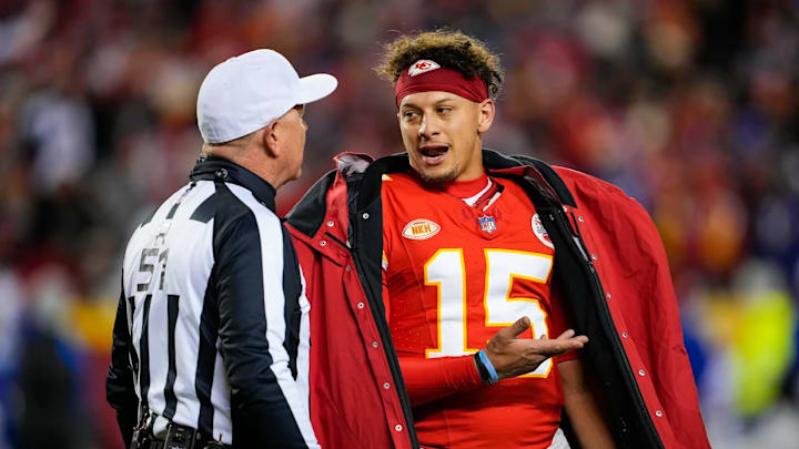 Dec 10, 2023; Kansas City, Missouri, USA; Kansas City Chiefs quarterback Patrick Mahomes (15) talks with referee Carl Cheffers (51) after a penalty during the second half against the Buffalo Bills. Dec 10, 2023; Kansas City, Missouri, USA; Kansas City Chiefs quarterback Patrick Mahomes (15) talks with referee Carl Cheffers (51) after a penalty during the second half against the Buffalo Bills.