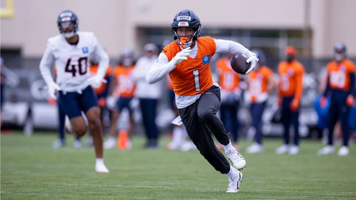 Denver Broncos tight end Evan Engram (1) runs a route during an OTA practice at Broncos Park Powered by CommonSpirit. Denver Broncos tight end Evan Engram (1) runs a route during an OTA practice at Broncos Park Powered by CommonSpirit.