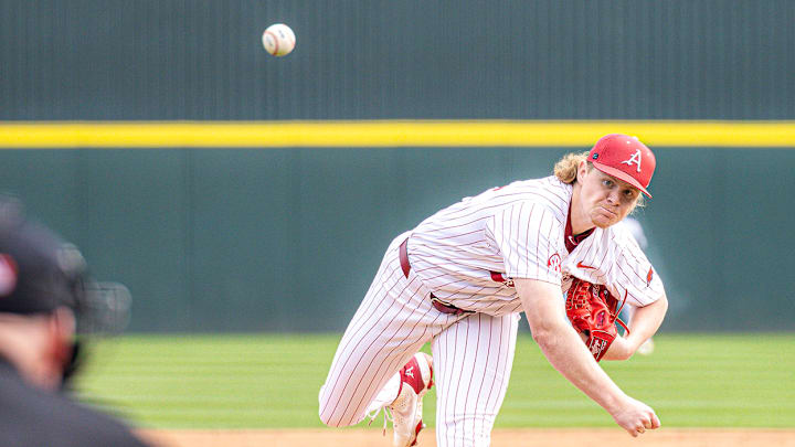 Aiden Jimenez throws a pitch against South Carolina as part of 4 1/3 scoreless innings against the Gamecocks. The Razorbacks won 12-3. Aiden Jimenez throws a pitch against South Carolina as part of 4 1/3 scoreless innings against the Gamecocks. The Razorbacks won 12-3.