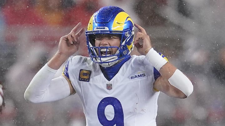Dec 12, 2024; Santa Clara, California, USA; Los Angeles Rams quarterback Matthew Stafford (9) calls a play against the San Francisco 49ers in the second quarter at Levi's Stadium. Mandatory Credit: Cary Edmondson-Imagn Images