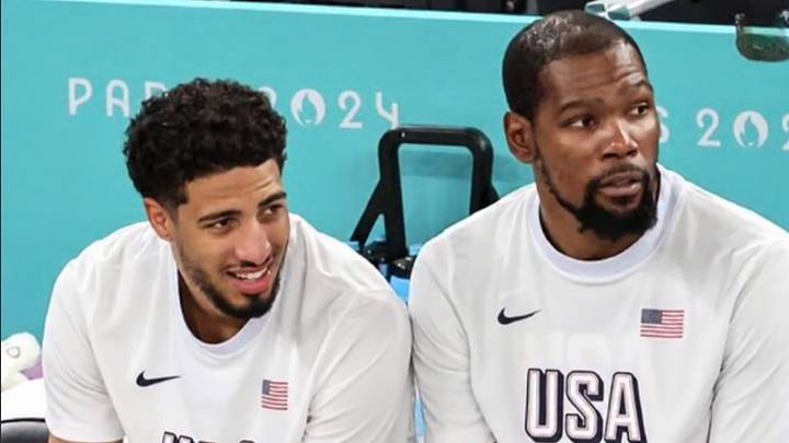 Haliburton and Durant sitting on the bench for Team USA Haliburton and Durant sitting on the bench for Team USA