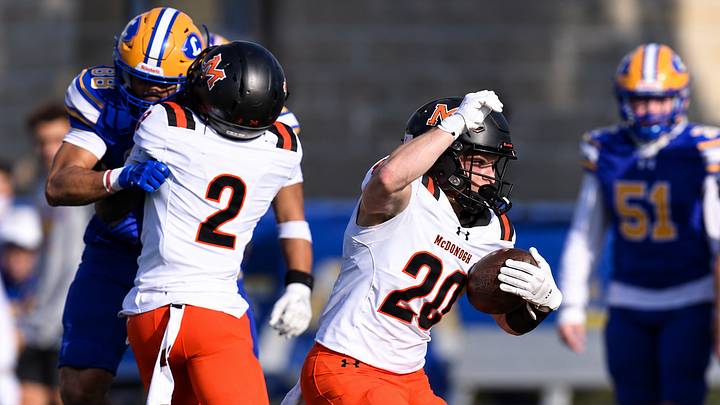 McDonogh School's Matthew Tees starts upfield on an 82-yard punt return for a touchdown, the first of his three scores against Loyola Blakefield. 