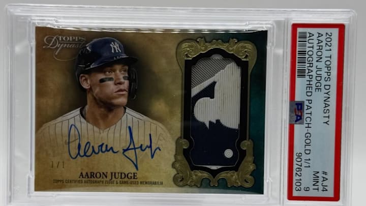 High-end Aaron Judge cards like this 2021 Topps Dynasty Logoman continue to sell for record highs. According to the Aaron Judge Card Ladder index, Judge cards are up over 68% in 2026. 