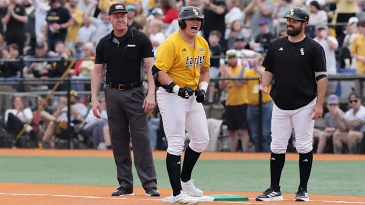 Senior first baseman Matthew Russo gets fired up after helping wake up the Southern Miss bats in Saturday's win over UCSB.