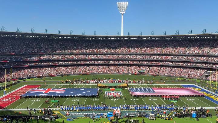 The 49ers and the Rams met in the first game ever in Melbourne, Australia. The 49ers and the Rams met in the first game ever in Melbourne, Australia.