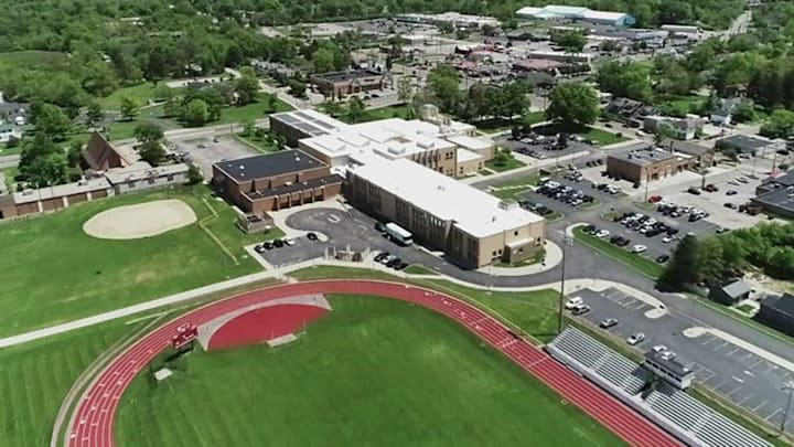 An aerial view of North College Hill High School with a partial view of its football stadium. Gun violence has taken place near the stadium twice this month.