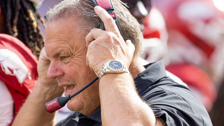 Arkansas Razorbacks coach Sam Pittman on the sidelines against Mississippi State in 2023.