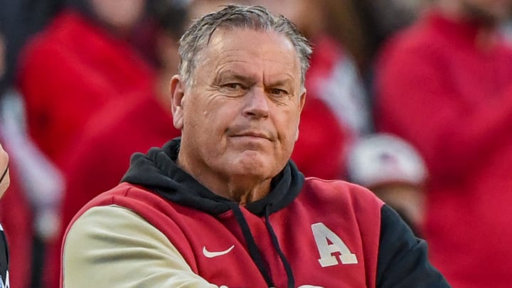 Arkansas Razorbacks coach Sam Pittman during the final regular-season game against the Missouri Tigers on Nov. 24, 2023, in Fayetteville, Ark.