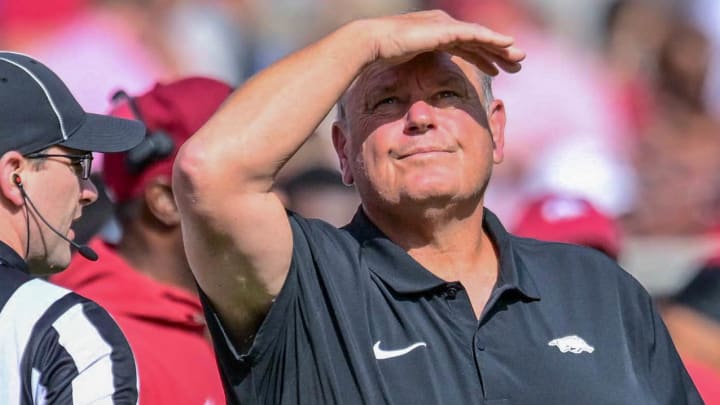 Arkansas Razorbacks coach Sam Pittman looks at scoreboard against Mississippi State on Oct. 21, 2023, at Razorback Stadium in Fayetteville, Ark.