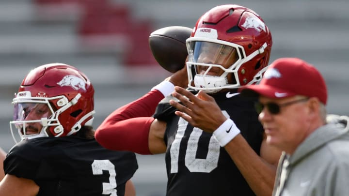 Arkansas Razorbacks quarterbacks Malachi Singleton and Taylen Green during passing drills at a spring practice inside Razorback Stadium in Fayetteville, Ark. Arkansas Razorbacks quarterbacks Malachi Singleton and Taylen Green during passing drills at a spring practice inside Razorback Stadium in Fayetteville, Ark.