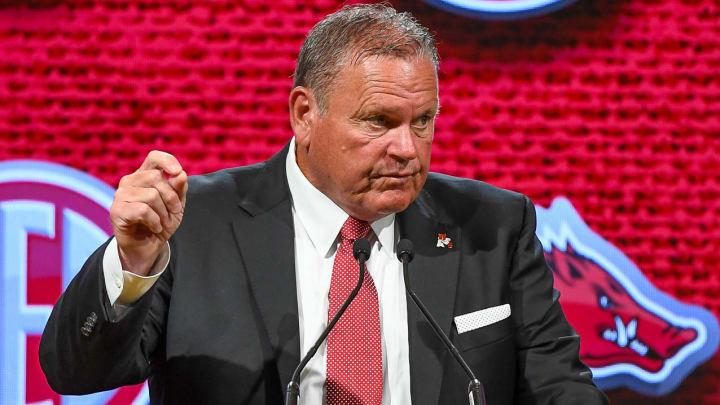 Arkansas Razorbacks coach Sam Pittman with the media at SEC Media Days in Nashville on July 19, 2023.