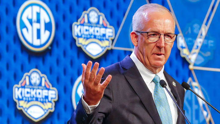 SEC commissioner Greg Sankey speaks to the media at the 2024 SEC Football Kickoff on Monday  at the Omni Dallas Hotel in Dallas. 