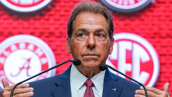 Alabama Crimson Tide coach Nick Saban at SEC Media Days in 2022.