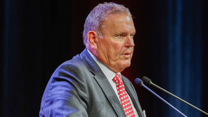 Arkansas Razorbacks coach Sam Pittman speaks to the media at the 2024 SEC Football Kickoff onThursday at the Omni Dallas Hotel in Dallas. Arkansas Razorbacks coach Sam Pittman speaks to the media at the 2024 SEC Football Kickoff onThursday at the Omni Dallas Hotel in Dallas.