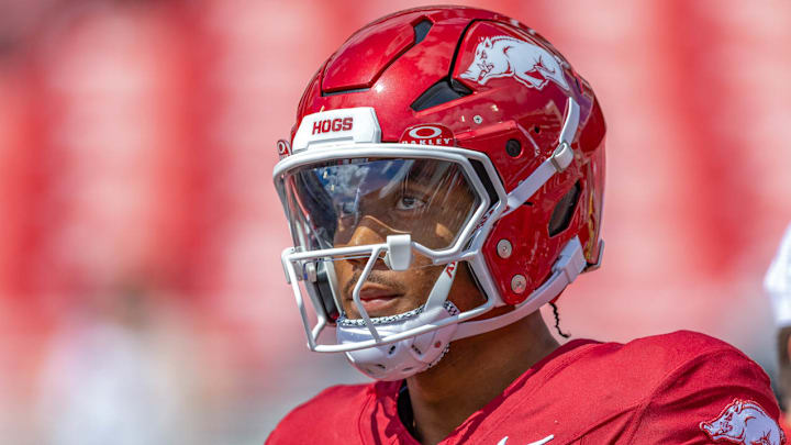 Arkansas Razorbacks quarterback Taylen Green looking up a scoreboard against the UAB Blazers at Razorback Stadium in Fayetteville, Ark. Arkansas Razorbacks quarterback Taylen Green looking up a scoreboard against the UAB Blazers at Razorback Stadium in Fayetteville, Ark.