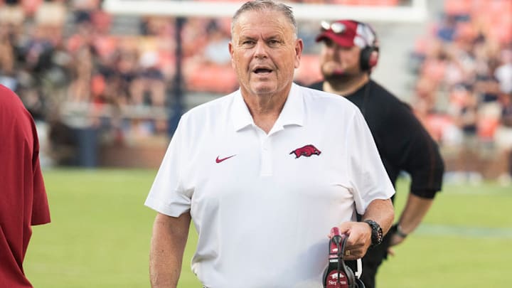 Arkansas Razorbacks coach Sam Pittman during game with Auburn Tigers at Jordan-Hare Stadium in Auburn, Ala.