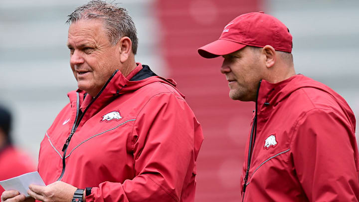 Arkansas Razorbacks coach Sam Pittman and defensive coordinator Barry Odom before the Red-White Game at Razorback Stadium in Fayetteville, Ark., in 2021.