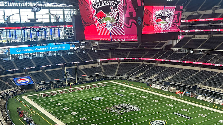 An empty and quiet AT&T Stadium in Arlington, Texas, on Saturday morning before the Arkansas Razorbacks and Texas A&M Aggies play at 2:30 p.m. An empty and quiet AT&T Stadium in Arlington, Texas, on Saturday morning before the Arkansas Razorbacks and Texas A&M Aggies play at 2:30 p.m.