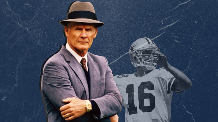 Former Cowboys head coach Tom Landry and starting quarterback Steve Pelluer